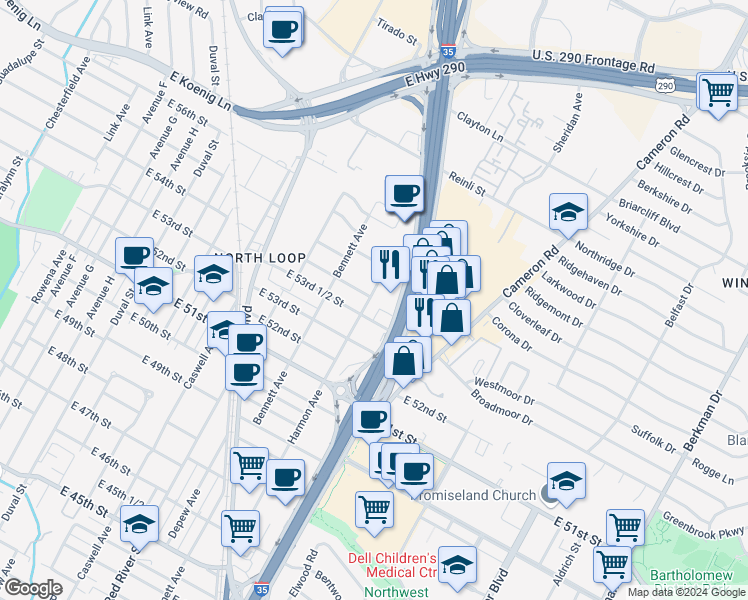 map of restaurants, bars, coffee shops, grocery stores, and more near 5319 Harmon Avenue in Austin