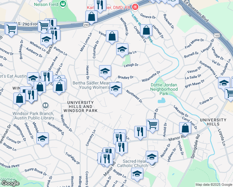 map of restaurants, bars, coffee shops, grocery stores, and more near 6401 North Hampton Drive in Austin