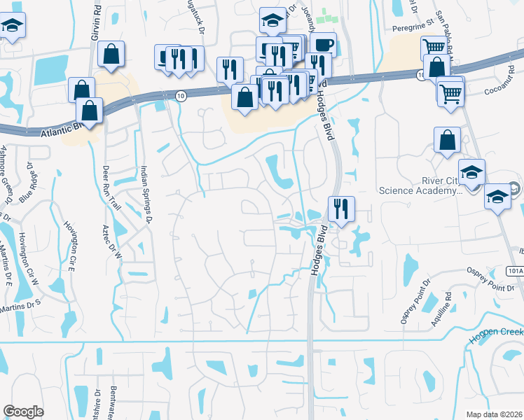 map of restaurants, bars, coffee shops, grocery stores, and more near 13037 Twin Pines Circle West in Jacksonville
