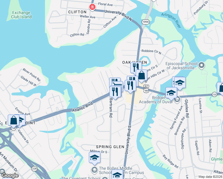 map of restaurants, bars, coffee shops, grocery stores, and more near 5811 Atlantic Boulevard in Jacksonville
