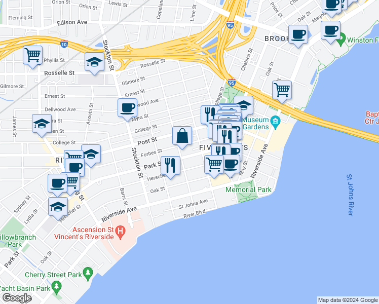 map of restaurants, bars, coffee shops, grocery stores, and more near 2121 Park Street in Jacksonville