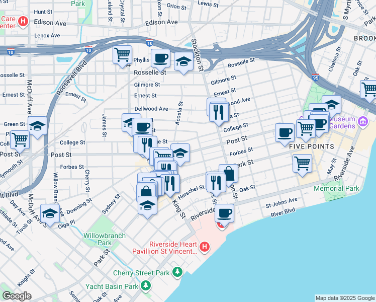 map of restaurants, bars, coffee shops, grocery stores, and more near 2574 Post Street in Jacksonville