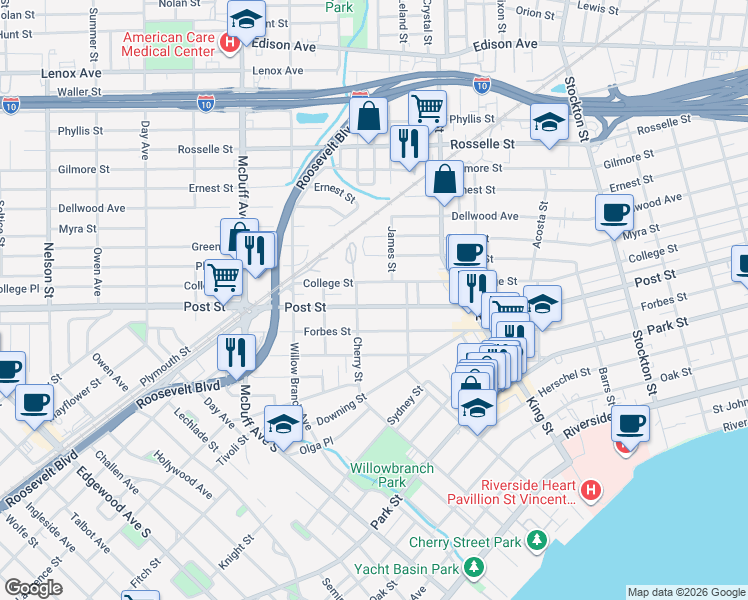 map of restaurants, bars, coffee shops, grocery stores, and more near 2861 Post Street in Jacksonville