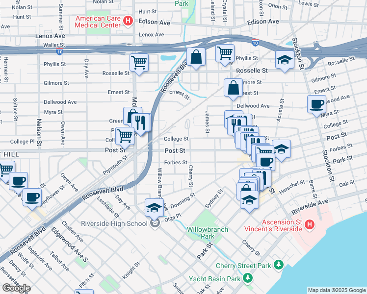map of restaurants, bars, coffee shops, grocery stores, and more near 2861 Post Street in Jacksonville