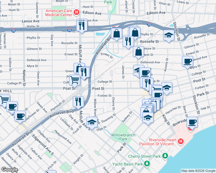 map of restaurants, bars, coffee shops, grocery stores, and more near 2903 Post Street in Jacksonville