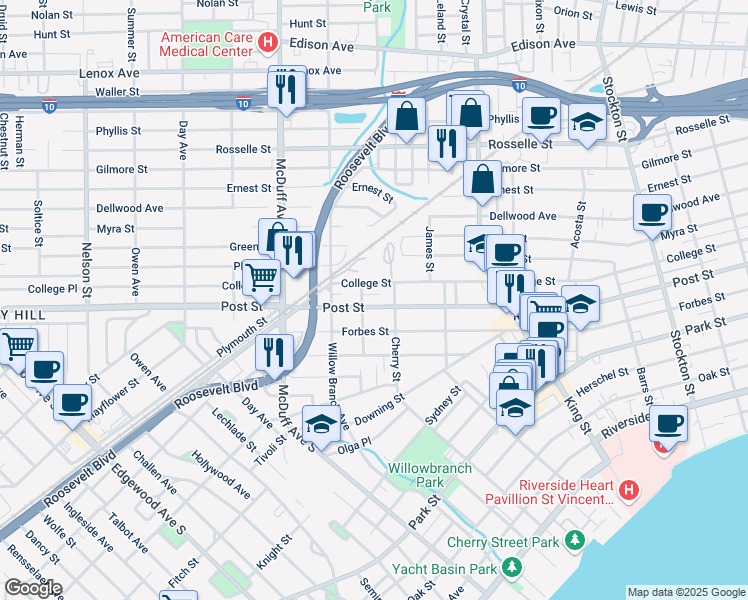 map of restaurants, bars, coffee shops, grocery stores, and more near 2903 Post Street in Jacksonville