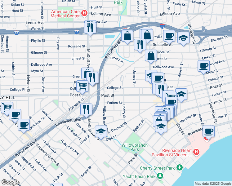 map of restaurants, bars, coffee shops, grocery stores, and more near 2903 Post Street in Jacksonville