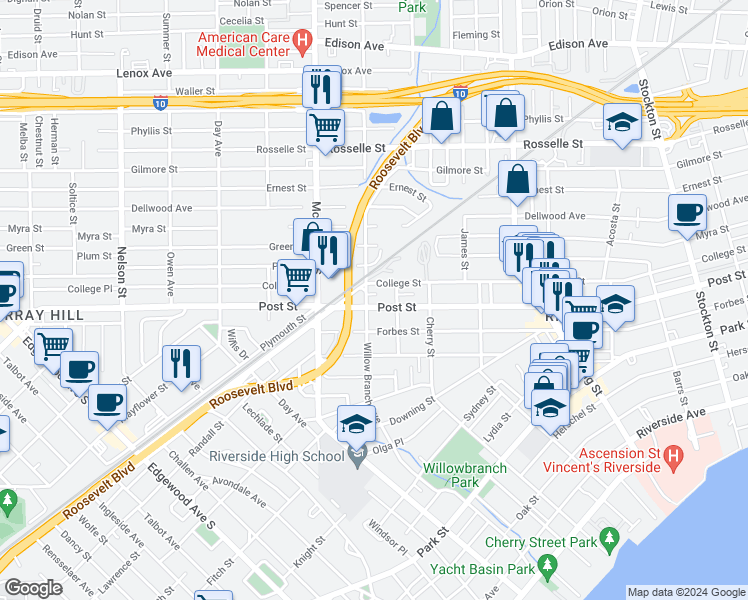map of restaurants, bars, coffee shops, grocery stores, and more near 2951 Post Street in Jacksonville