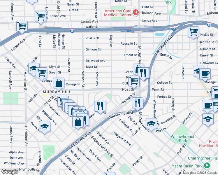 map of restaurants, bars, coffee shops, grocery stores, and more near 3157 Post Street in Jacksonville