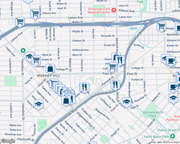 map of restaurants, bars, coffee shops, grocery stores, and more near 3157 Post Street in Jacksonville