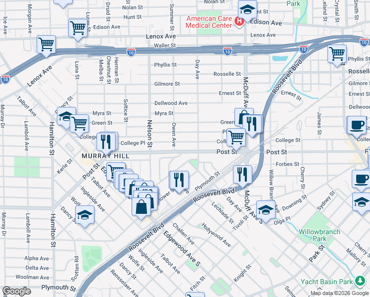 map of restaurants, bars, coffee shops, grocery stores, and more near 3243 Post Street in Jacksonville