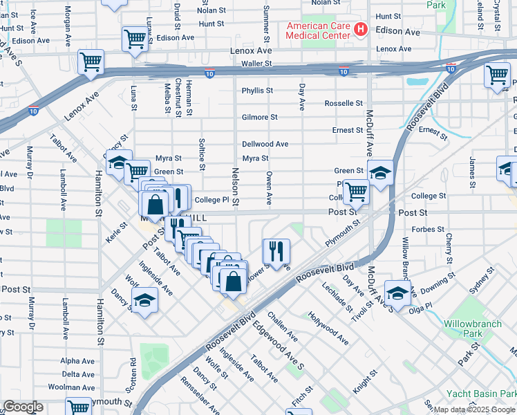 map of restaurants, bars, coffee shops, grocery stores, and more near 3323 Post Street in Jacksonville