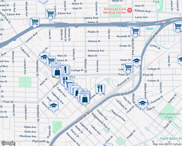 map of restaurants, bars, coffee shops, grocery stores, and more near 3323 Post Street in Jacksonville