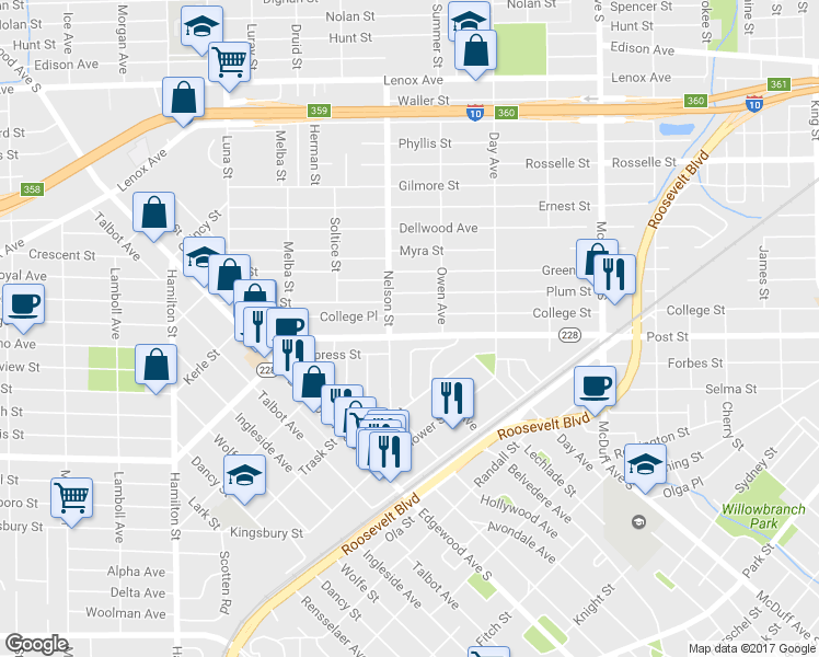 map of restaurants, bars, coffee shops, grocery stores, and more near 3323 Post Street in Jacksonville