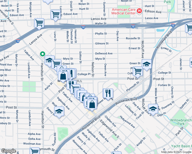 map of restaurants, bars, coffee shops, grocery stores, and more near 3323 Post Street in Jacksonville