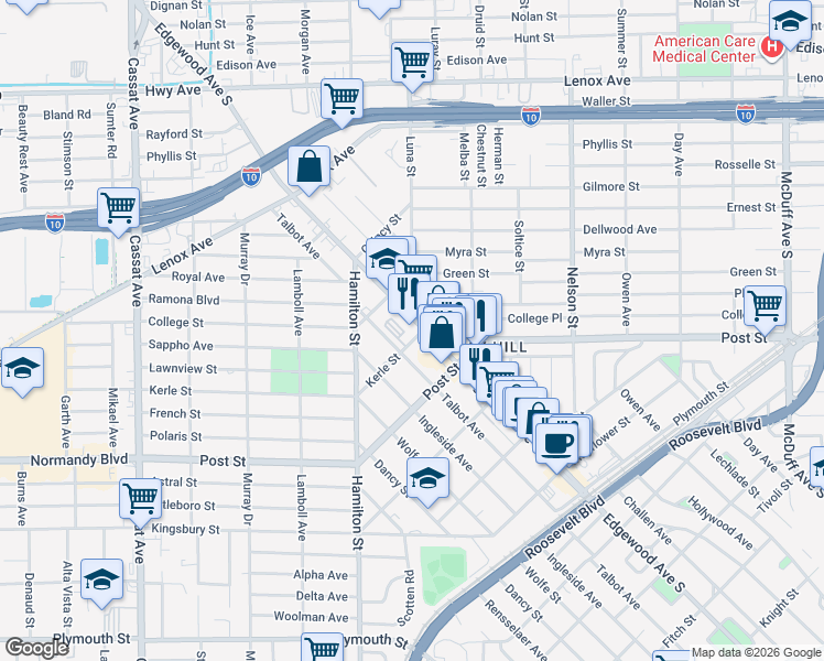 map of restaurants, bars, coffee shops, grocery stores, and more near 840 Edgewood Avenue South in Jacksonville