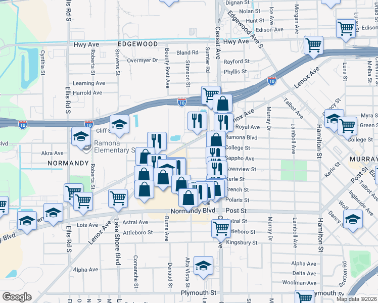 map of restaurants, bars, coffee shops, grocery stores, and more near 805 Garth Avenue in Jacksonville