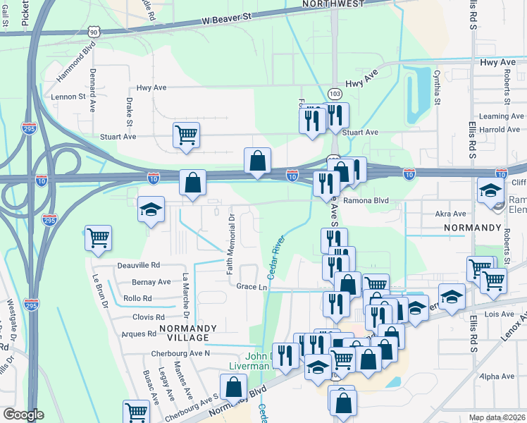 map of restaurants, bars, coffee shops, grocery stores, and more near 6635 Talking Tree Court in Jacksonville