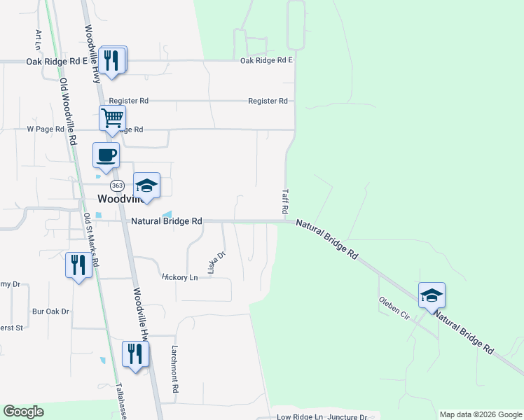 map of restaurants, bars, coffee shops, grocery stores, and more near 2366 Natural Bridge Road in Tallahassee