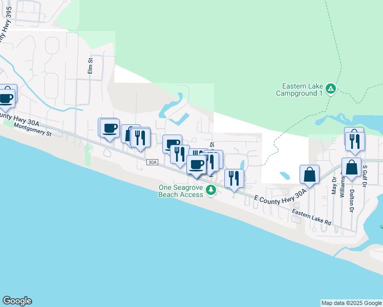 map of restaurants, bars, coffee shops, grocery stores, and more near 90 Sugar Sand Lane in Santa Rosa Beach