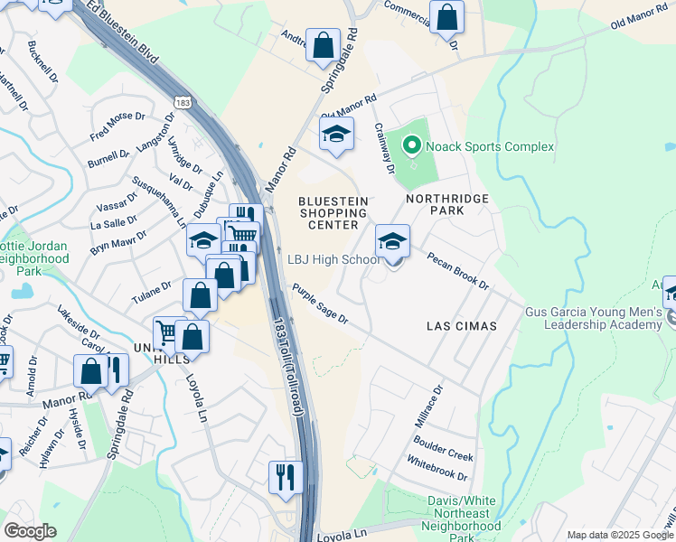 map of restaurants, bars, coffee shops, grocery stores, and more near 7301 Chisos Pass in Austin