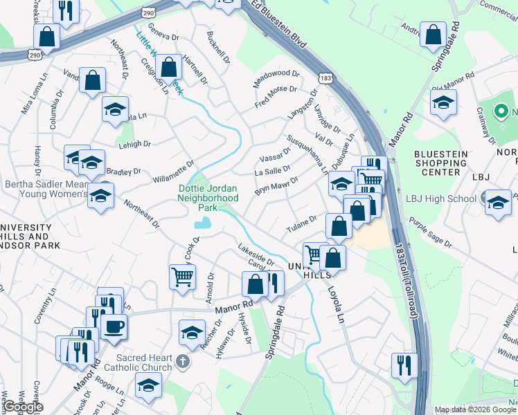map of restaurants, bars, coffee shops, grocery stores, and more near 6707 Bryn Mawr Drive in Austin