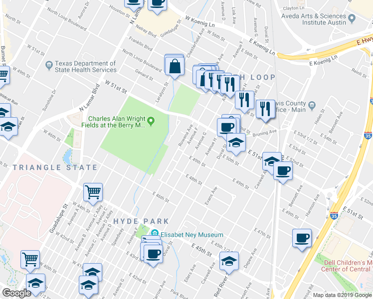 map of restaurants, bars, coffee shops, grocery stores, and more near 4905 Avenue F in Austin