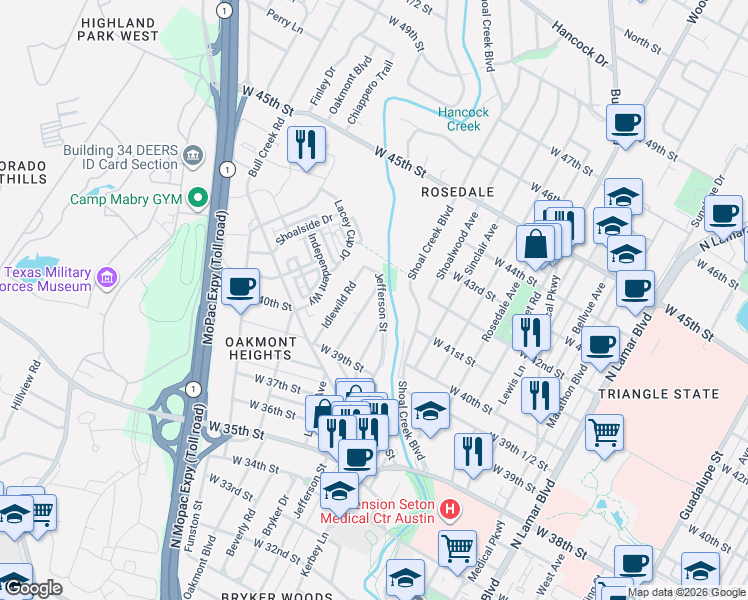 map of restaurants, bars, coffee shops, grocery stores, and more near 4105 Jefferson Street in Austin