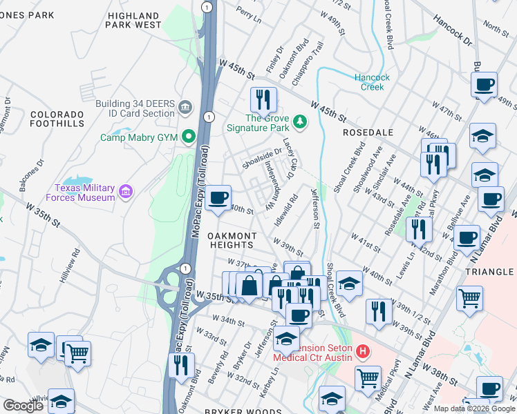map of restaurants, bars, coffee shops, grocery stores, and more near 1900 West 40th Street in Austin