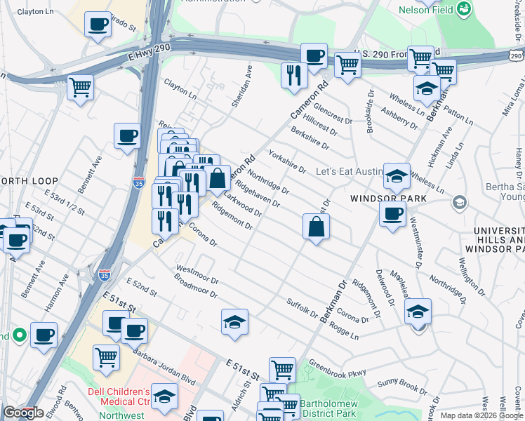 map of restaurants, bars, coffee shops, grocery stores, and more near 1403 Ridgehaven Drive in Austin