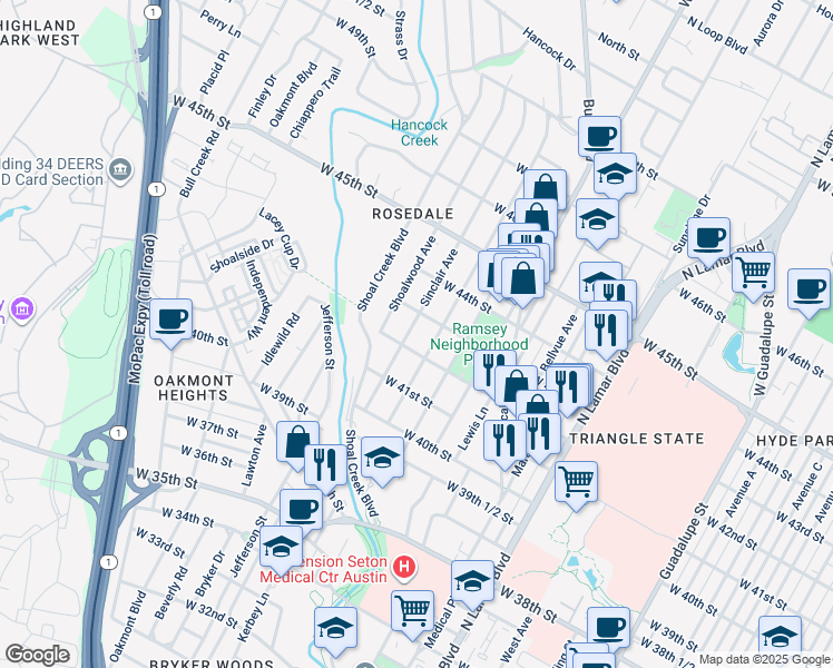 map of restaurants, bars, coffee shops, grocery stores, and more near 4207 Sinclair Avenue in Austin