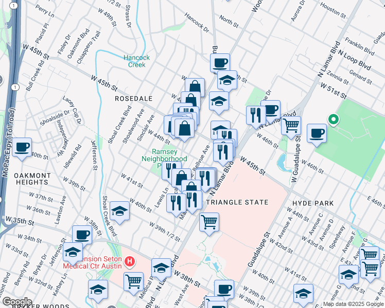 map of restaurants, bars, coffee shops, grocery stores, and more near 1204 West 44th Street in Austin
