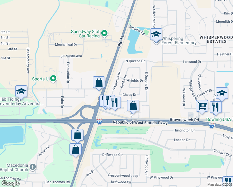 map of restaurants, bars, coffee shops, grocery stores, and more near 103 Rooks Drive in Slidell