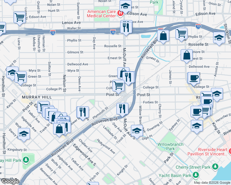 map of restaurants, bars, coffee shops, grocery stores, and more near 3039 Post Street in Jacksonville