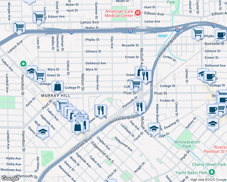 map of restaurants, bars, coffee shops, grocery stores, and more near 3157 Post Street in Jacksonville