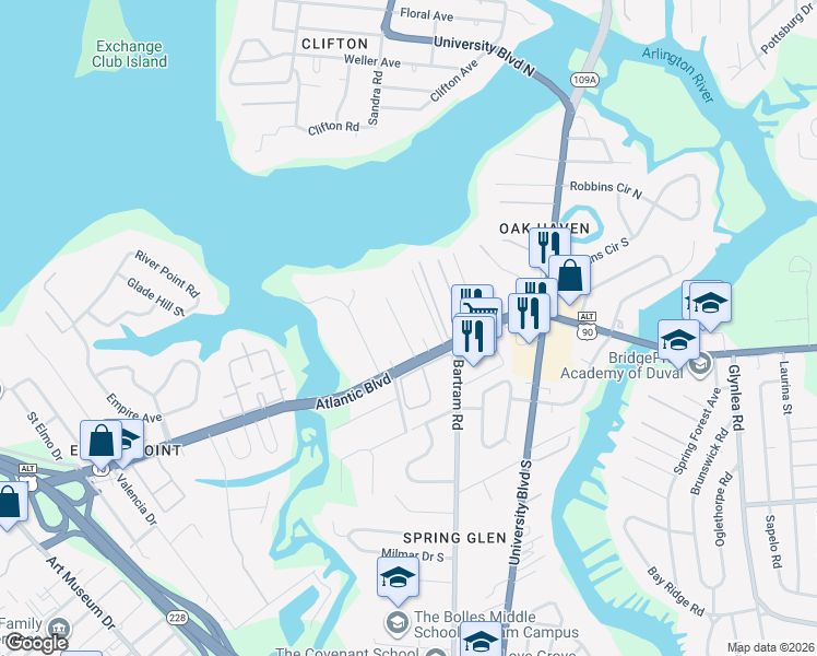 map of restaurants, bars, coffee shops, grocery stores, and more near 1501 Oak Haven Road in Jacksonville