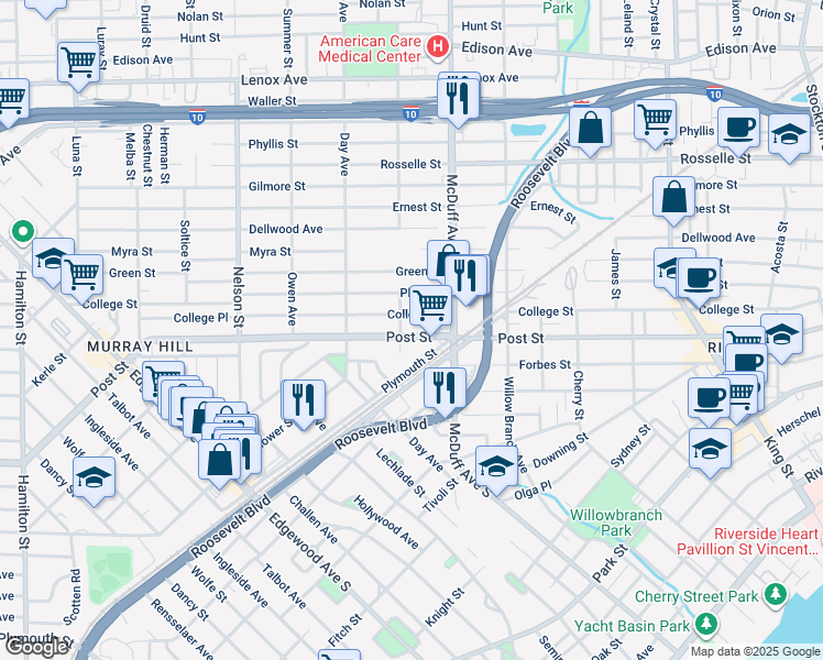 map of restaurants, bars, coffee shops, grocery stores, and more near 3033 Post Street in Jacksonville