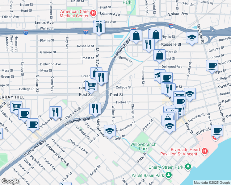 map of restaurants, bars, coffee shops, grocery stores, and more near 2951 Post Street in Jacksonville