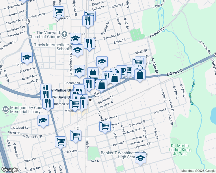 map of restaurants, bars, coffee shops, grocery stores, and more near 402 East Davis Street in Conroe