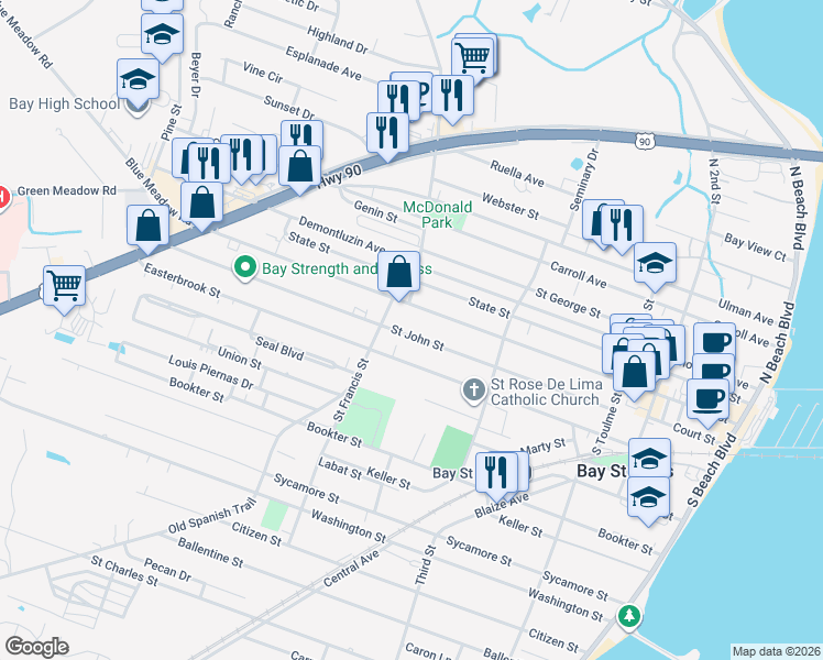 map of restaurants, bars, coffee shops, grocery stores, and more near 441 Saint John Street in Bay St. Louis