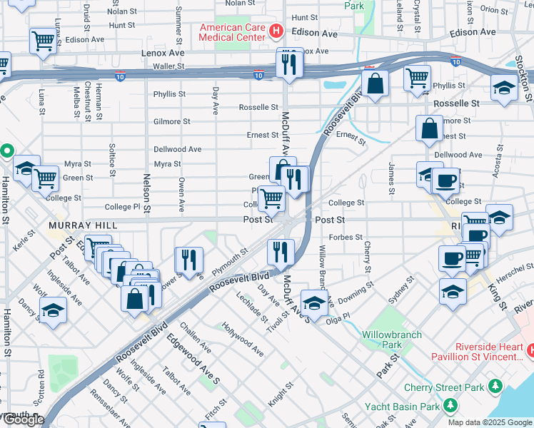 map of restaurants, bars, coffee shops, grocery stores, and more near 3033 Post Street in Jacksonville