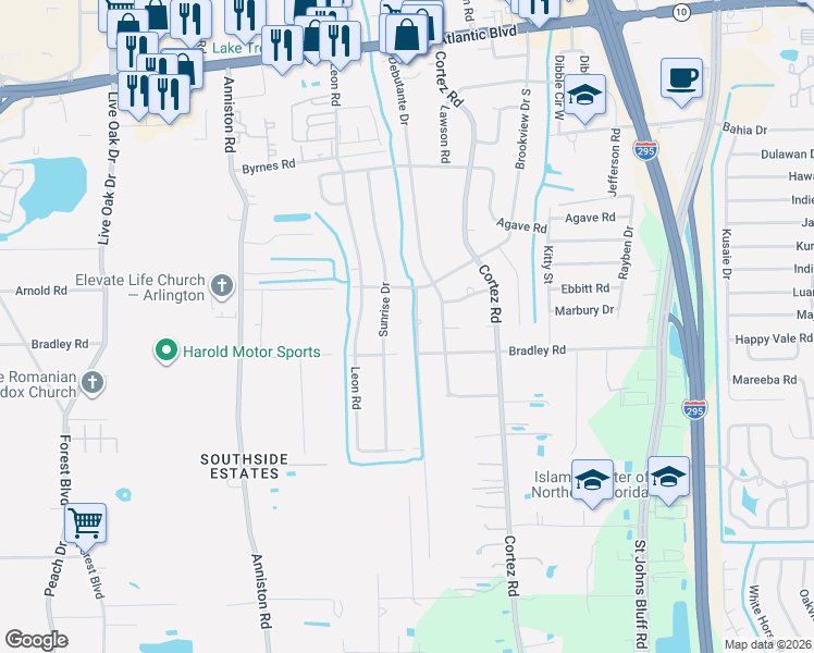 map of restaurants, bars, coffee shops, grocery stores, and more near 2046 Glen Gardner Drive in Jacksonville