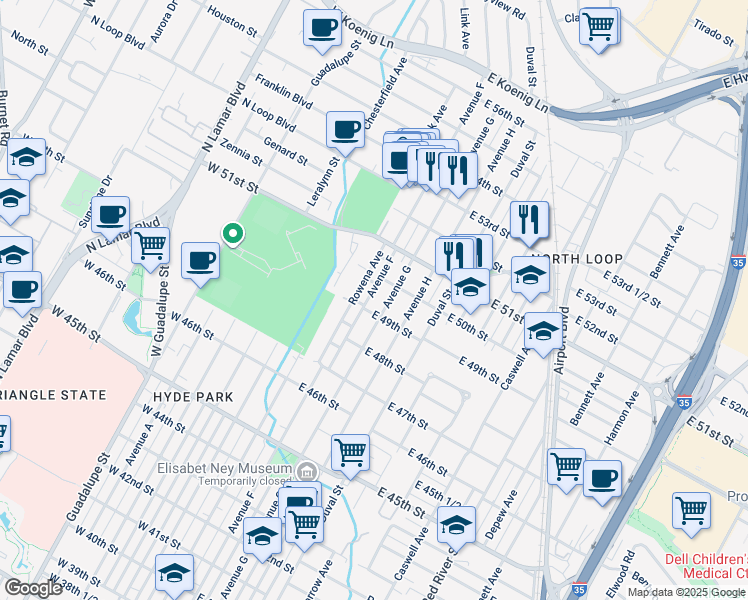 map of restaurants, bars, coffee shops, grocery stores, and more near 4905 Avenue F in Austin