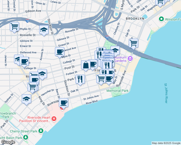 map of restaurants, bars, coffee shops, grocery stores, and more near 2121 Park Street in Jacksonville