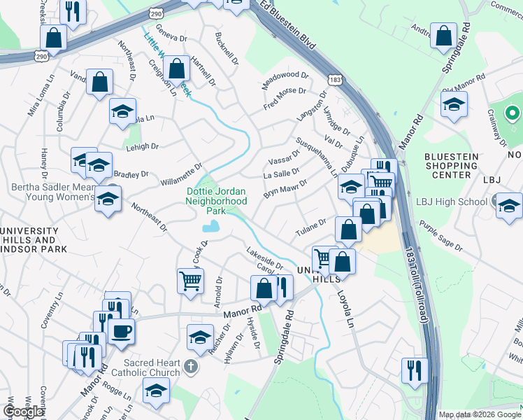 map of restaurants, bars, coffee shops, grocery stores, and more near 6707 Bryn Mawr Drive in Austin