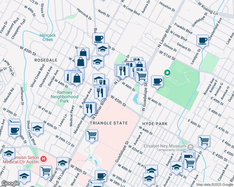 map of restaurants, bars, coffee shops, grocery stores, and more near 810 West 45th Street in Austin