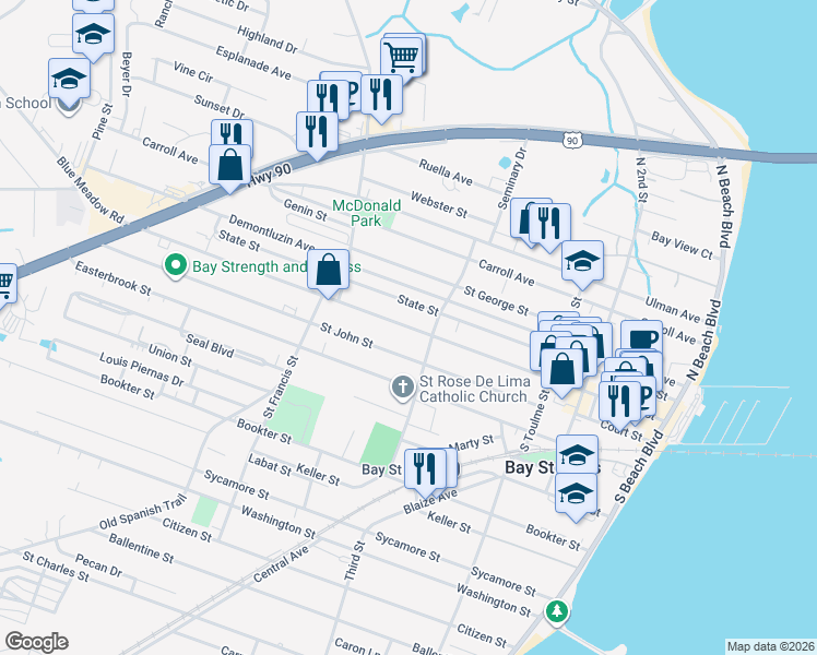 map of restaurants, bars, coffee shops, grocery stores, and more near Main Street in Bay St. Louis