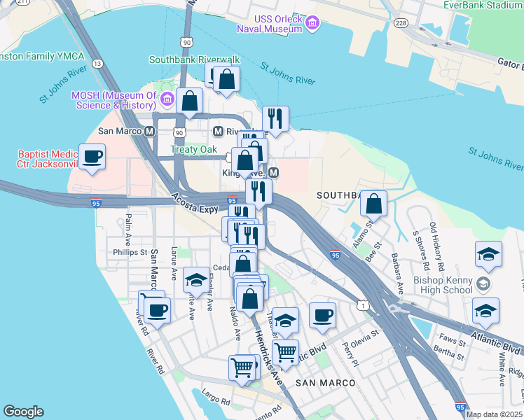 map of restaurants, bars, coffee shops, grocery stores, and more near 1200 Kings Avenue in Jacksonville