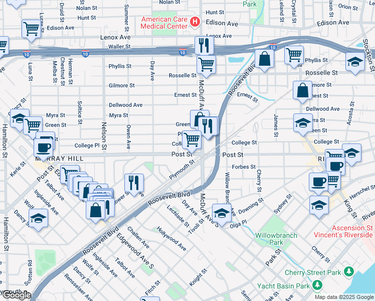 map of restaurants, bars, coffee shops, grocery stores, and more near 3039 Post Street in Jacksonville