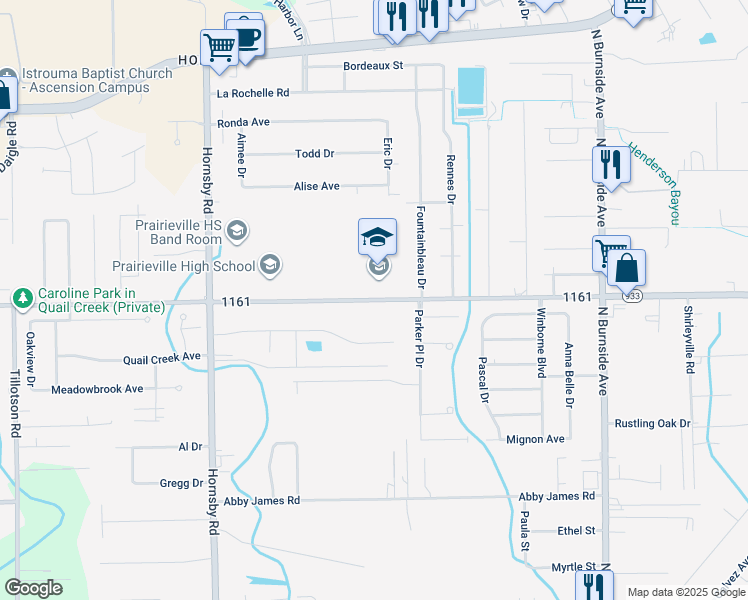 map of restaurants, bars, coffee shops, grocery stores, and more near 40228 Parker Road in Prairieville